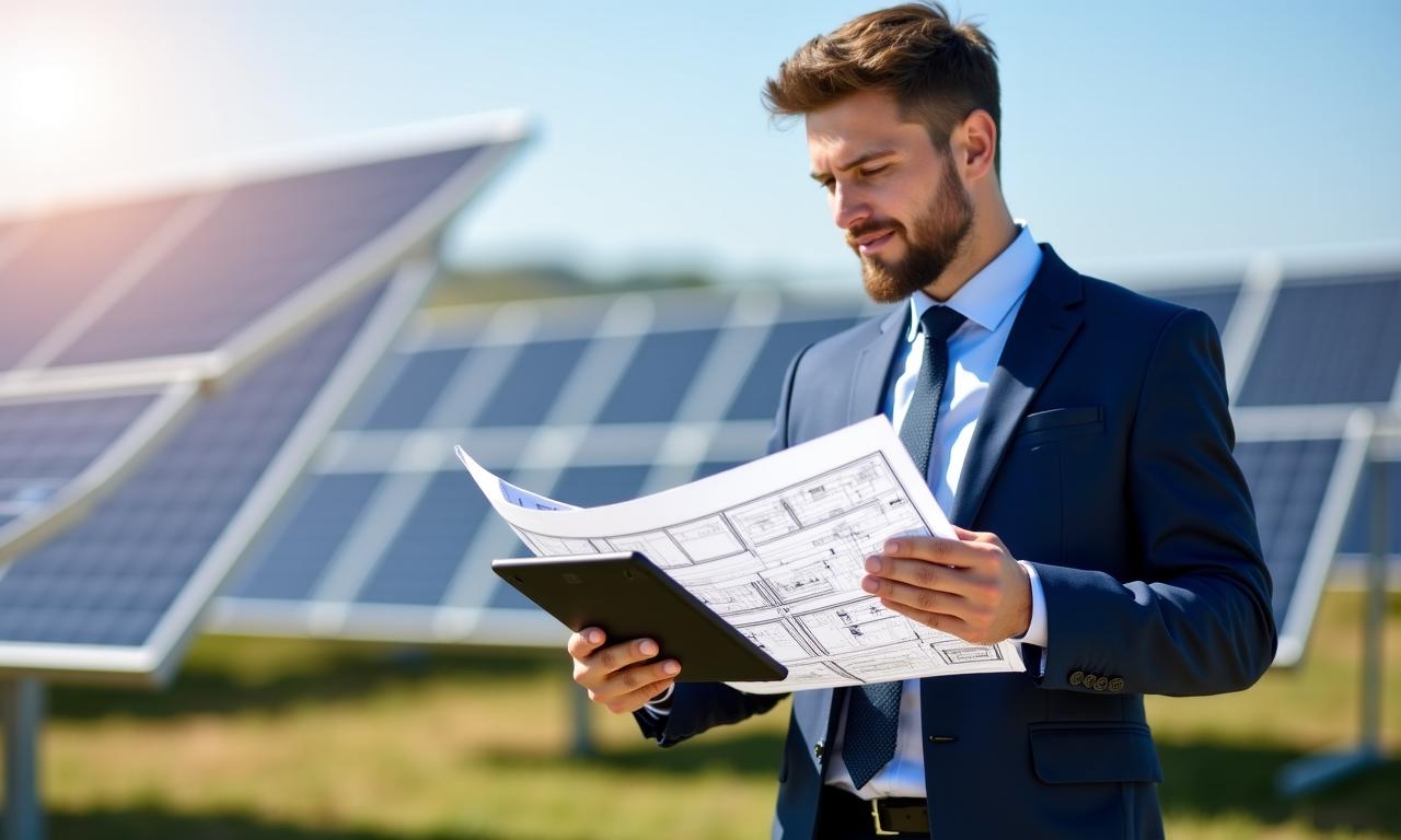 Analista legal especializado revisando informes de impacto ambiental en una planta fotovoltaica